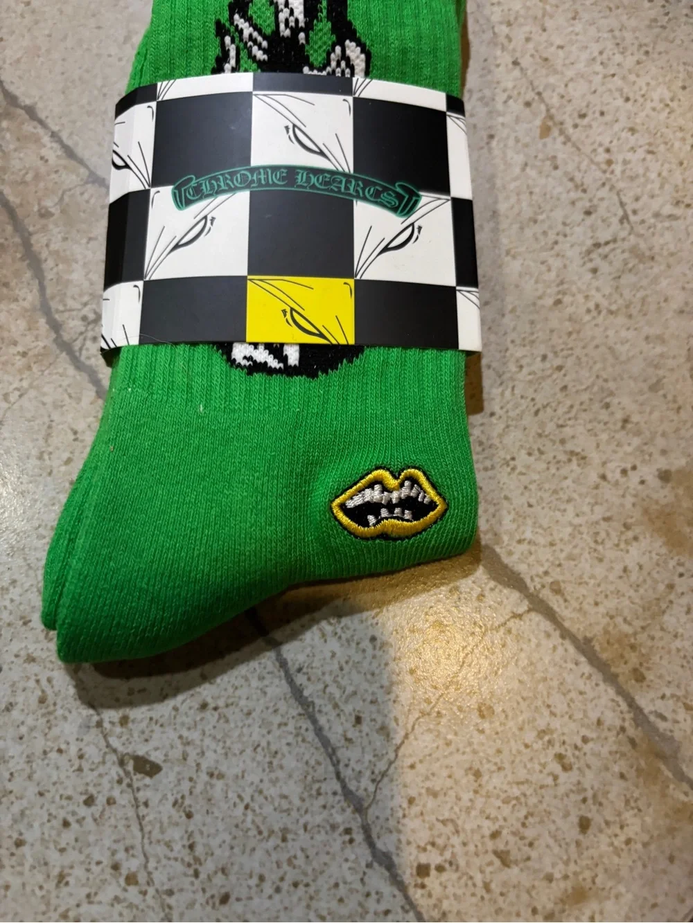 Chrome Hearts Green Crew Socks with Black flame motif